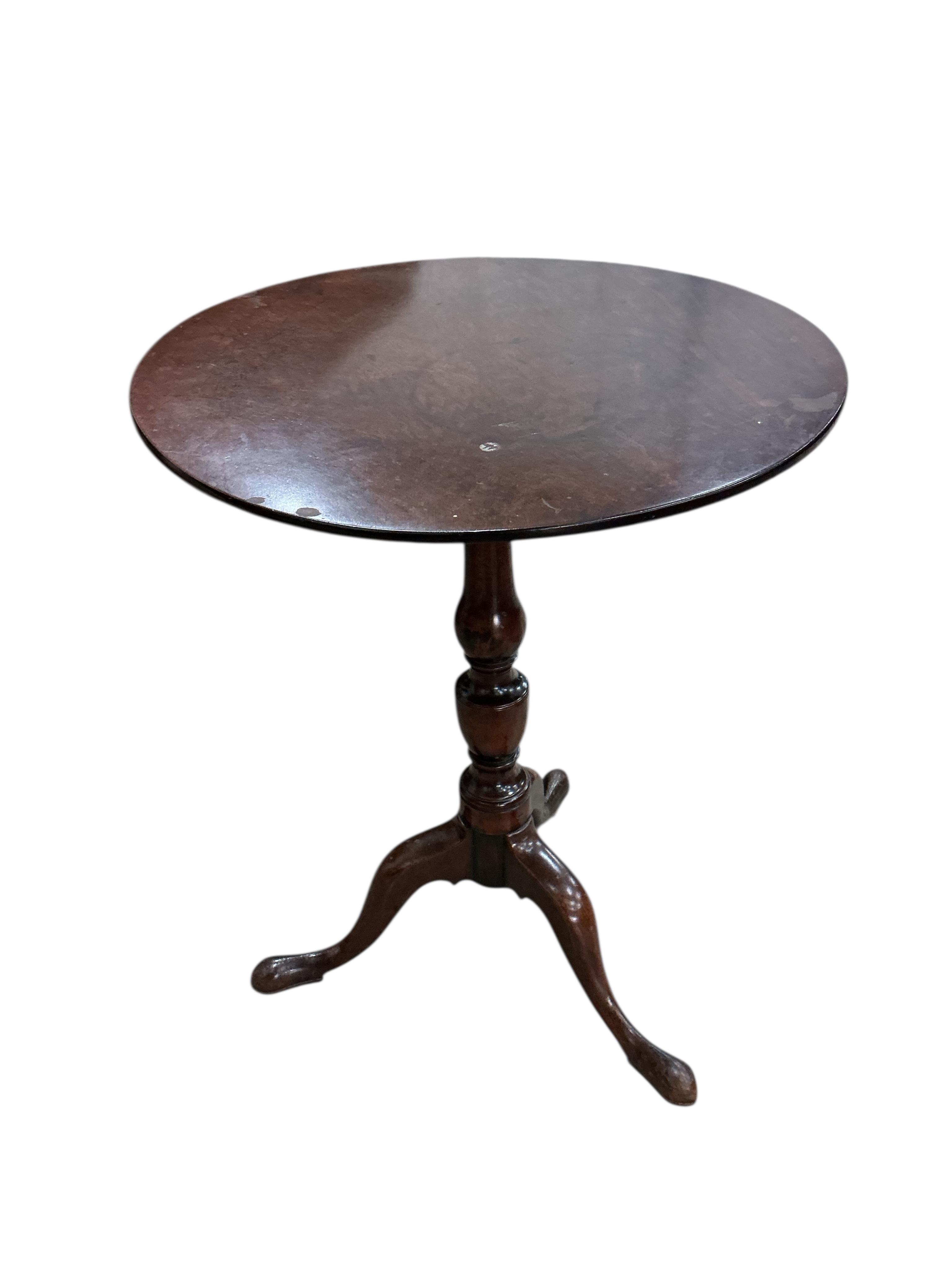 A George III mahogany circular tilt top birdcage tea table, diameter 70cm, height 72cm together with a similar smaller wine table
